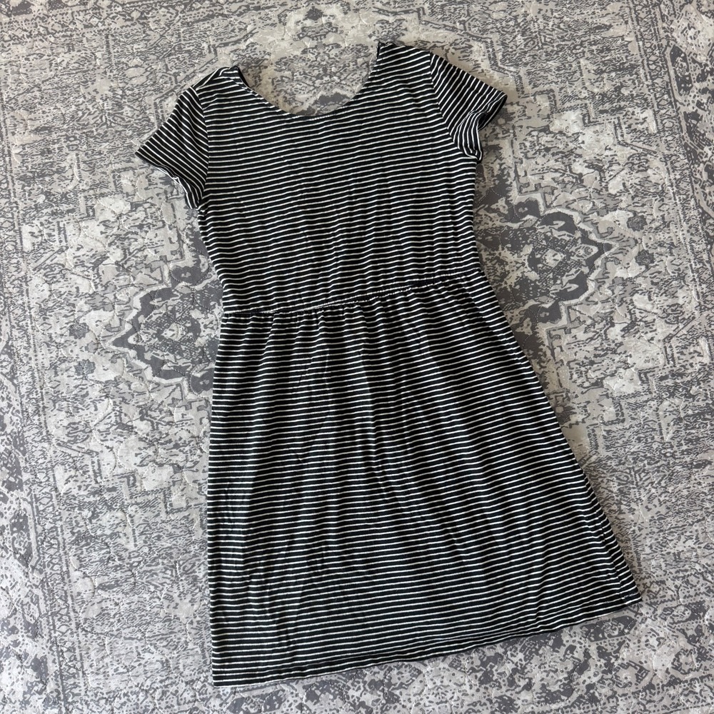 Old Navy Girls Striped Short Sleeve Fit & Flare Dress Black White XL 14